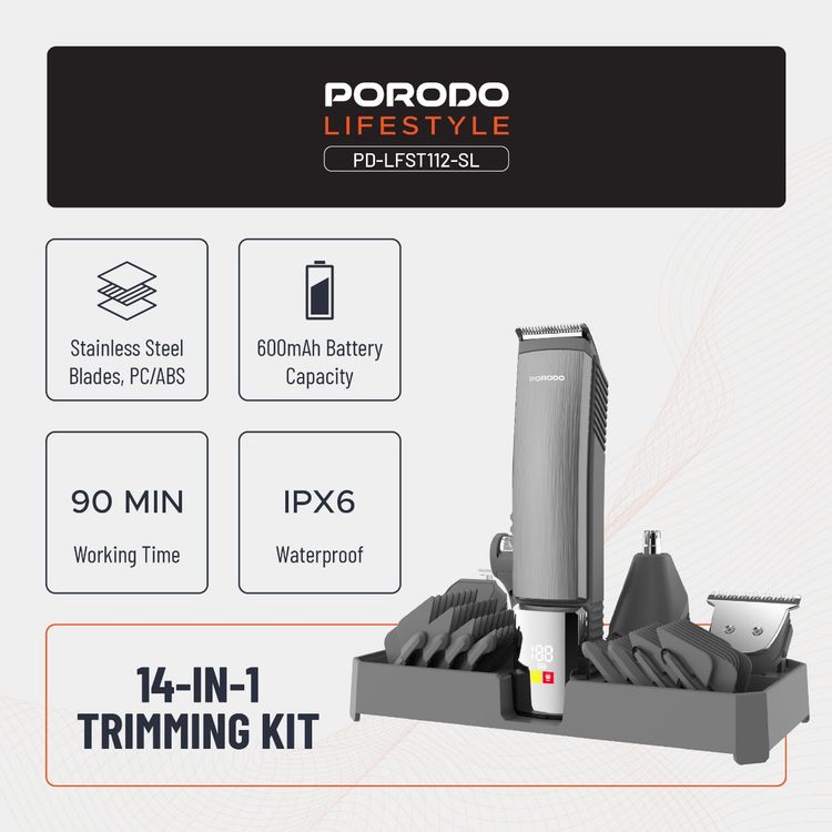 Porodo Lifestyle 14-in-1 Trimming Kit with IPX6 Waterproof Rating, Length Customization, Cord & Cordless Use,  600 mAh Battery Capacity - Silver 