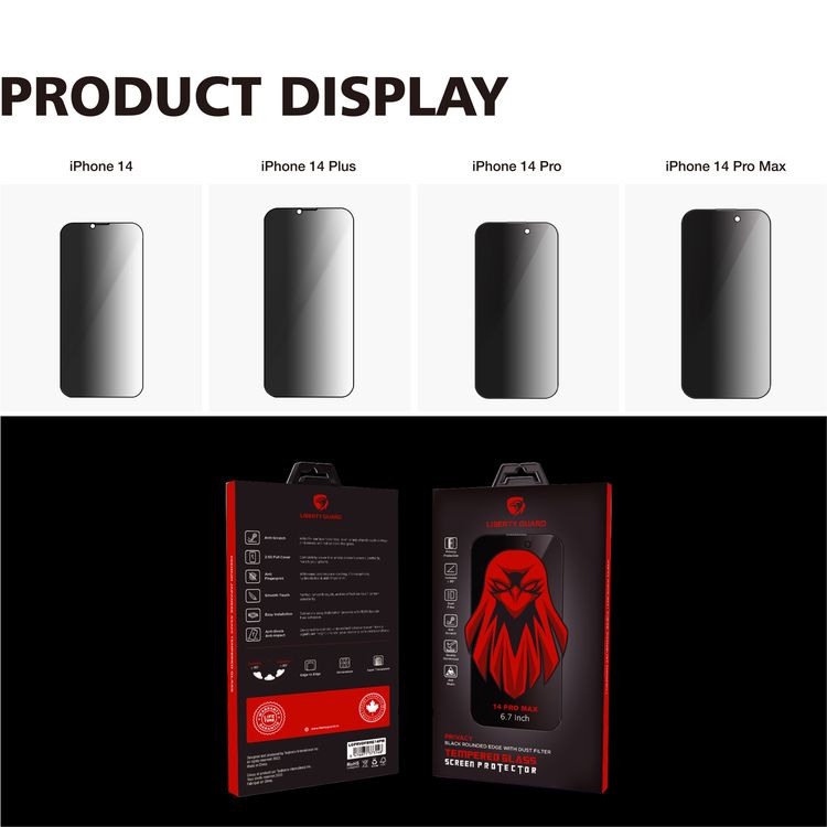 Liberty Guard Privacy Full Cover Black Rounded Edge Screen Protector for iPhone 14 Pro Max with Double Reinforce, Anti-Finger Print, Damage Protection - Privacy