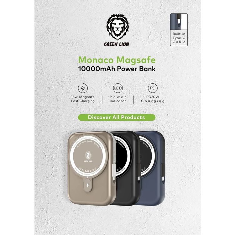 بطارية الطاقة جرين ليون 10000mAh موناكو MagSafe مع كابل Type-C مدمج، توفير طاقة بقوة 20 واط، مؤشر طاقة LCD، إخراج لاسلكي بقوة 15 واط، شريحة ذكية - أسود