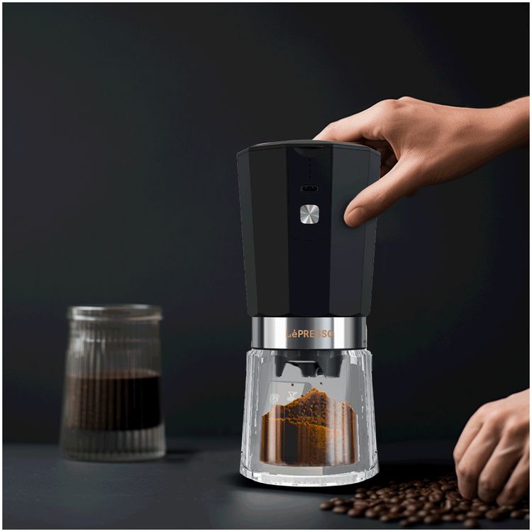 LePresso Rechargeable Coffee Grinder with 35g Capacity, 40 Cups per a Single Charge, 420ss High-Grade Steel, 800mAh Battery, 18W Rated Power - Black