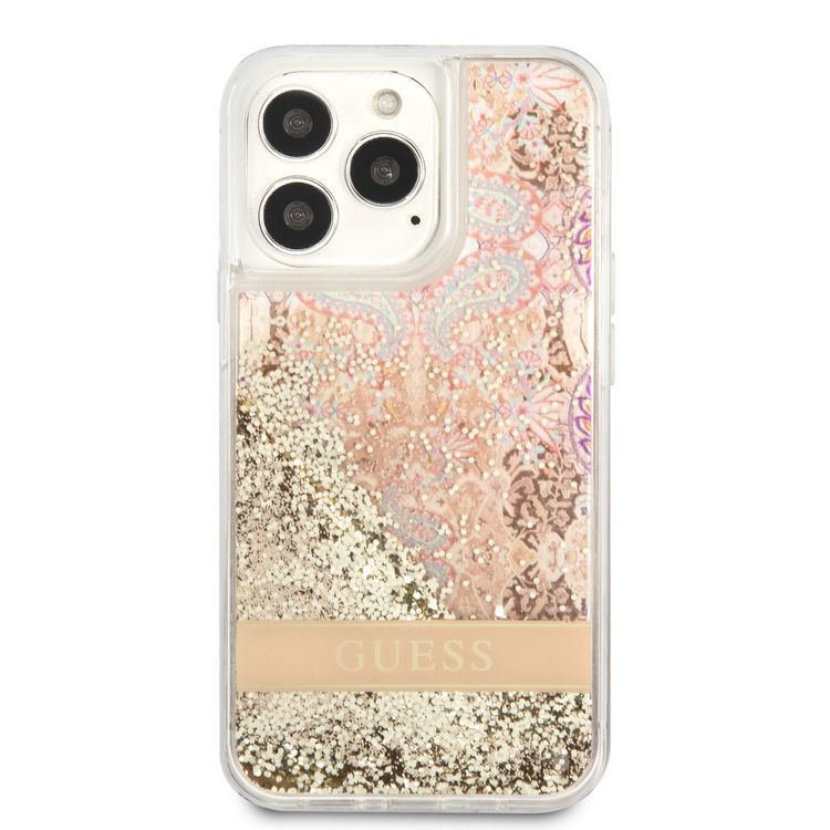 CG MOBILE Guess GUHCP13XLFLSD Liquid Glitter Hard Case, Charms Hard Phone Case, Compatible for iPhone 13 Pro Max, Shock-Absorption Mobile Case Officially Licensed - Paisley Gold