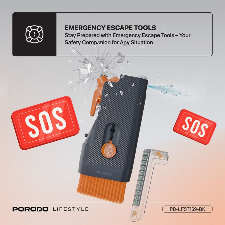 Porodo Lifestyle Vehicle Emergency Safety Kit with Tool Cleaners, ABS Material, Lightweight & Portable, Safety Hammer Included, Easy to Use, Glass & Dashboard Cleaner Supplied - Black