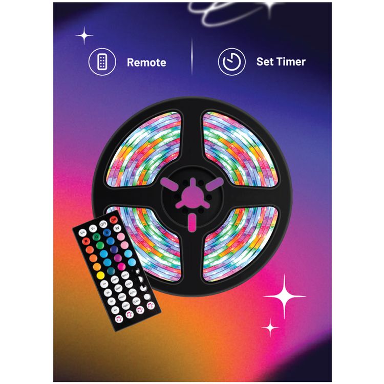 Porodo Blue RGB Light Strip with Sound Reactive Lighting, 5m Length, Jump & Fade Effects, Remote Control - Black