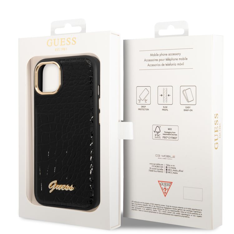 Guess PU Croco Case with Metal Camera Outline, Latest Design iPhone 14 Plus Compatibility - Black