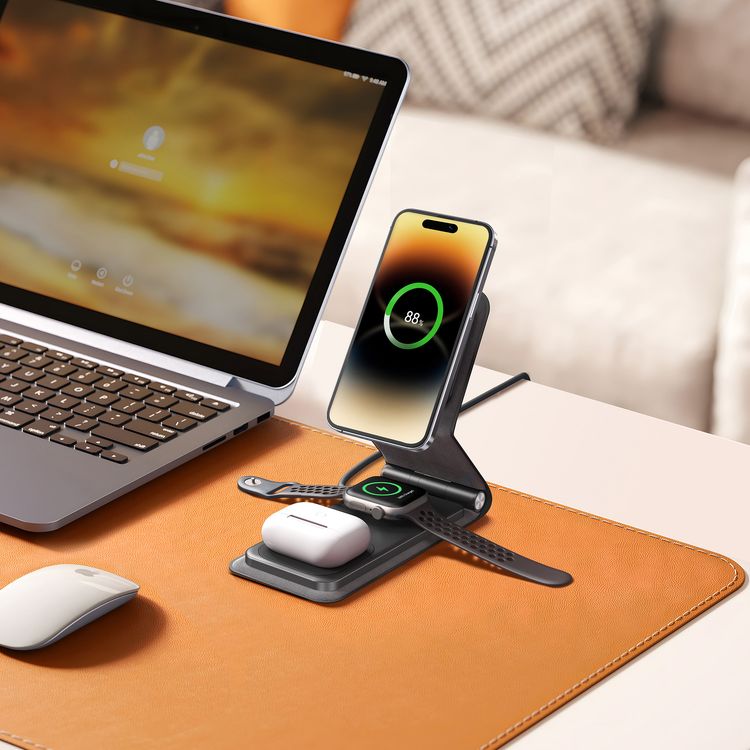 حامل شحن لاسلكي جلدي 3 في 1 من Levelo Arch، تصميم مدمج، شاحن 3 في 1، متوافق مع MagSafe - رمادي