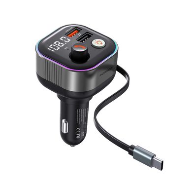Porodo Audio Boost Bluetooth FM Transmitter Quick-Charge Car Charger with 65W PD, USB-A & USB-C Outputs, USB Flash, 80cm Retractable Type-C Cable, 87.5-107.8 FM Frequency, LED Ambient Lighting, Universal Compatibility - Dark Gray
