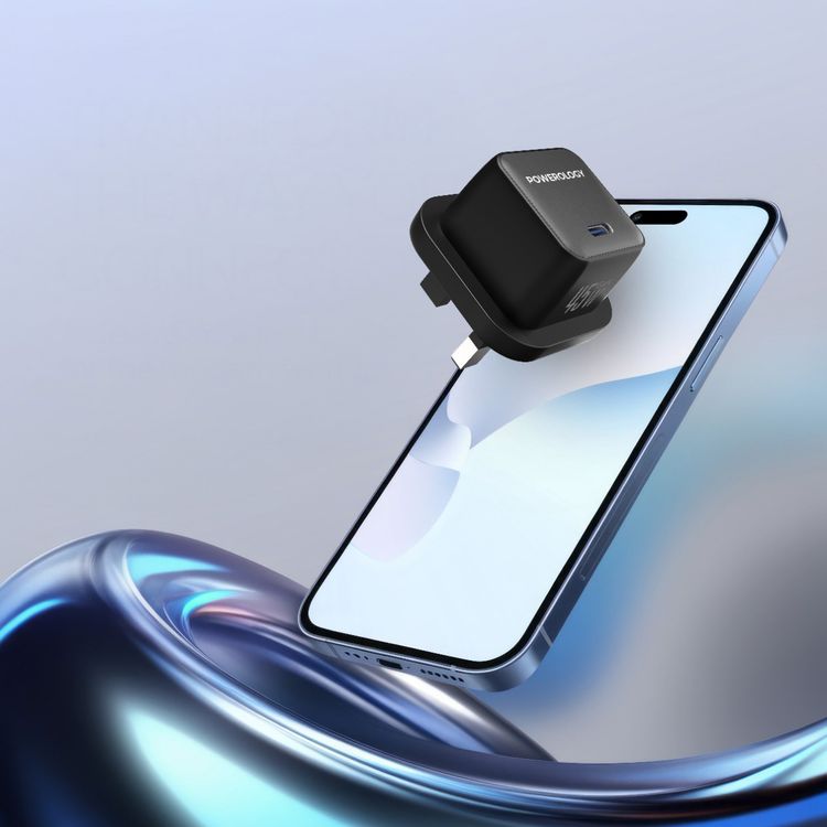 Powerology QX 45W Pocket-Sized GaN Adapter with Safety Protections, 1m USB-C to USB-C Cable Included, USB-C Port, Ultra-Compact Design, UK 3-Pin Plug, PD 45W - Black / Gray