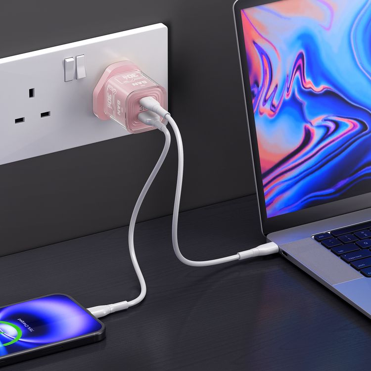 Porodo TEZCLARTÉ Quick Wall Charger with Dual Port Fast Charging, Flame Retardant Housing, Transparent Design, PD 30W USB-C Output, QC 20W USB-A Output - Pink