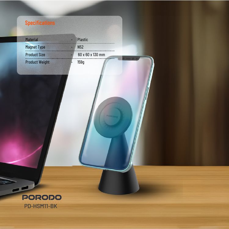 حامل مكتب مغناطيسي Porodo Magsafe بمواد بلاستيكية، زاوية عرض قابلة للتعديل، توافق عالمي، تثبيت مغناطيسي قوي.