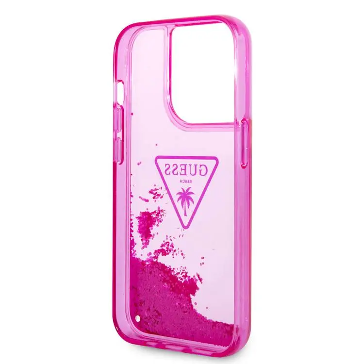 Guess Liquid Glitter Case with Triangle  Translucent Logo - Fuchsia - iPhone 15 Pro