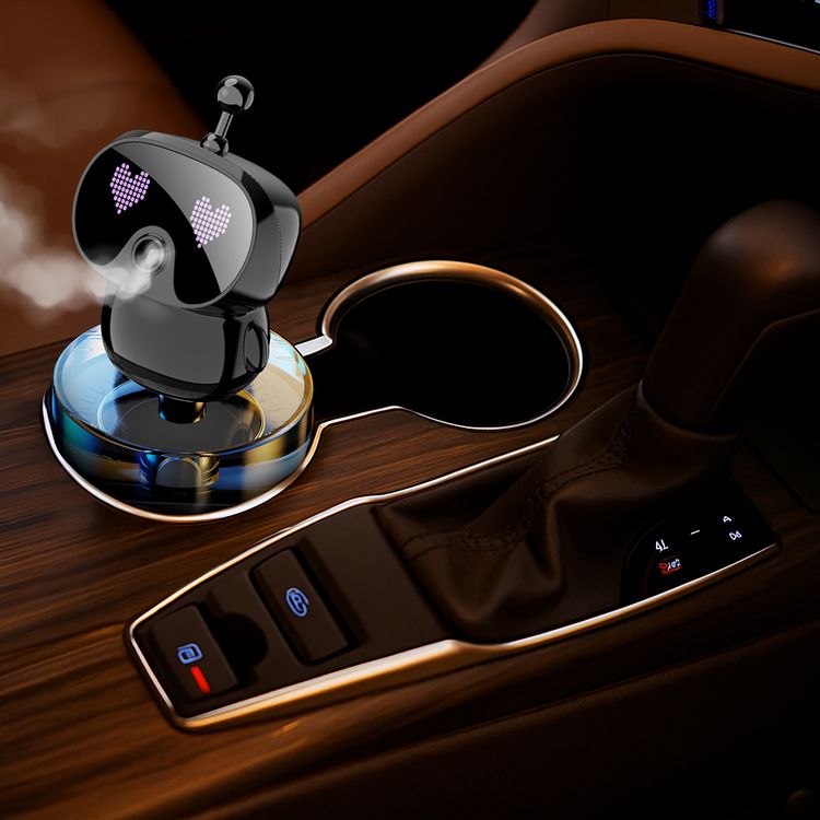 Porodo Robovibe Smart Car Aroma Diffuser with Animated Pixel, 4 Adjustable Fragrance Intensity Levels, 300mAh Battery, 50mL Oil Tank Capacity, USB-C Charging Port, Diffusing & Deodorization - Black