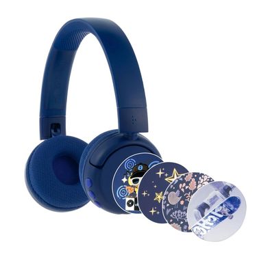 سماعات رأس BuddyPhones Pop Fun للأطفال مع عمر بطارية 24 ساعة، عناصر تحكم مدمجة، وسائد مضادة للحساسية، ملصقات زخرفية، صوت آمن - أزرق