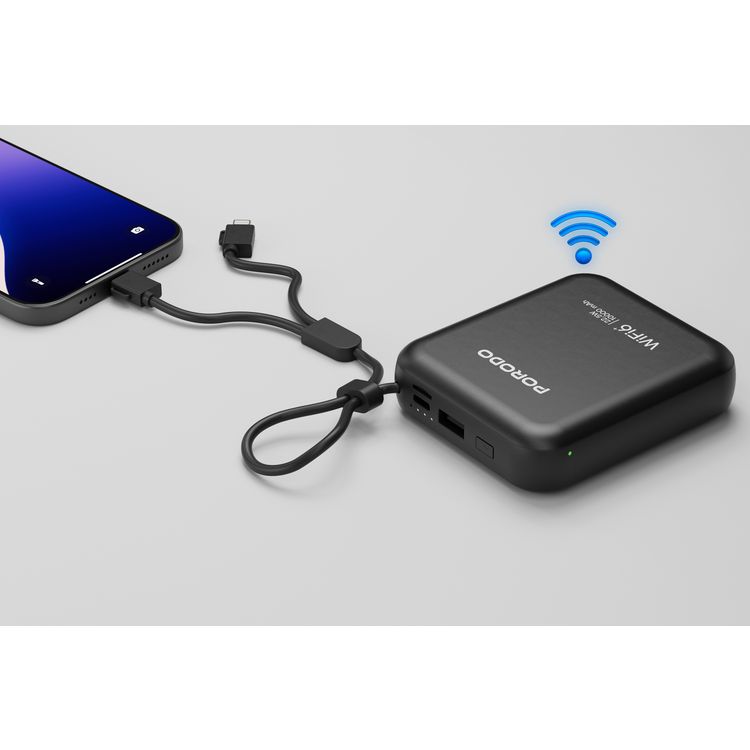 Porodo Portable 4G LTE WiFi Router,10000mAh Battery Capacity, 150Mbps Download Speed, 50Mbps Upload Speed, Built-in Cables, Secure Connection - Black