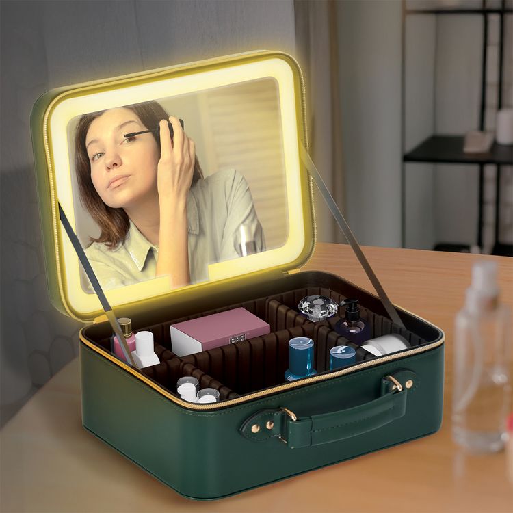 Porodo Travel Makeup Bag with Detachable 12" LED Mirror, 2000mAh Battery, 100 LED Beads, 2800K-6500K Color Temperature, 3 Light Modes, Multiple Compartments - Green