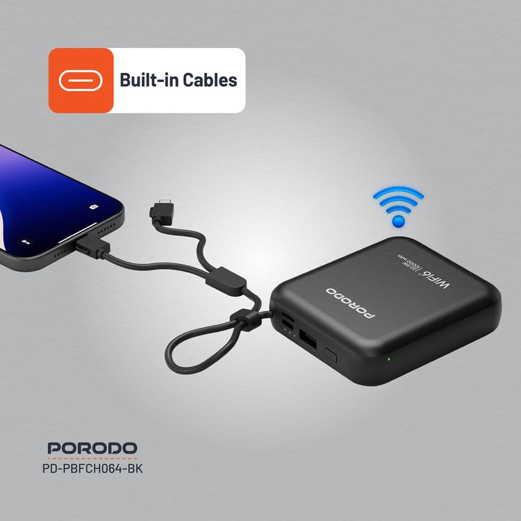 Porodo Portable 4G LTE WiFi Router,10000mAh Battery Capacity, 150Mbps Download Speed, 50Mbps Upload Speed, Built-in Cables, Secure Connection - Black