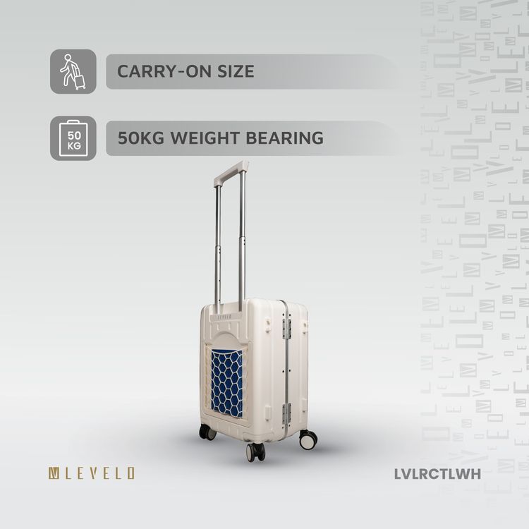 Levelo RoamCruiser 20" Travel Luggage with Detachable Kid Holder, Impact Resistance, PC & Aluminum Material, 50kg Weight Capacity, Silent Wheels, Hypoallergenic Interior, 2 Fusion Telescopic Handles, Integrated Wheel Locks, Built-in Document Holder - White