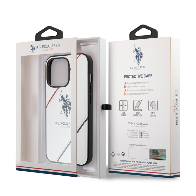 USPA PU Leather Case with Embossed Double Line & Horse Logo iPhone 14 Pro Compatibility - White