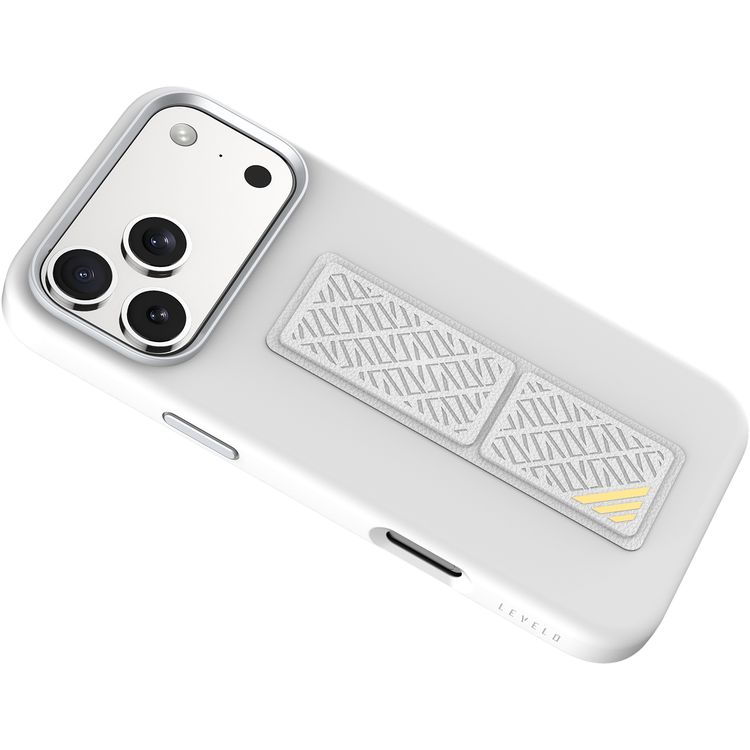 جراب Levelo Morphix Silicone GripStand لجهاز iPhone 17 Pro Max، للعرض بدون استخدام اليدين، بطانة داخلية من الألياف الدقيقة الحقيقية، حامل أفقي وعمودي، مصد مقاوم للصدمات، حواف مرتفعة للكاميرا والشاشة، تصميم نحيف - فضي