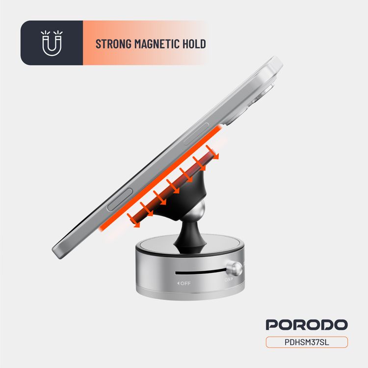 Porodo Multi-Surface MagSafe Phone Holder with Grip-Lock Toggle, ABS & PC & Aluminum Alloy Material, N52 Magnet Type , 1.5kg Adsorption Capacity, Adjustable Viewing Angle - Silver