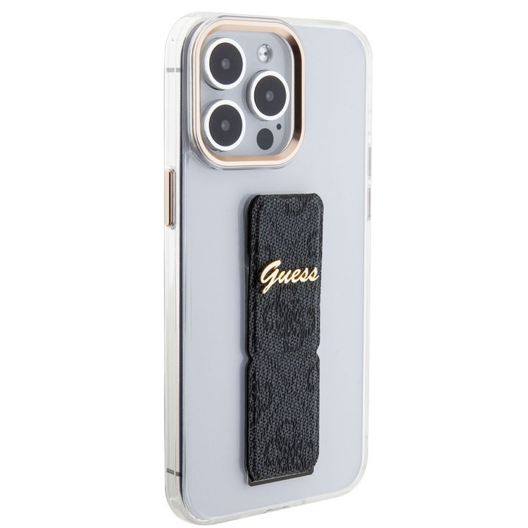 Guess Grip stand Clear Case with 4G Script Logo for iPhone 15 Series - Black - iPhone 15 Pro