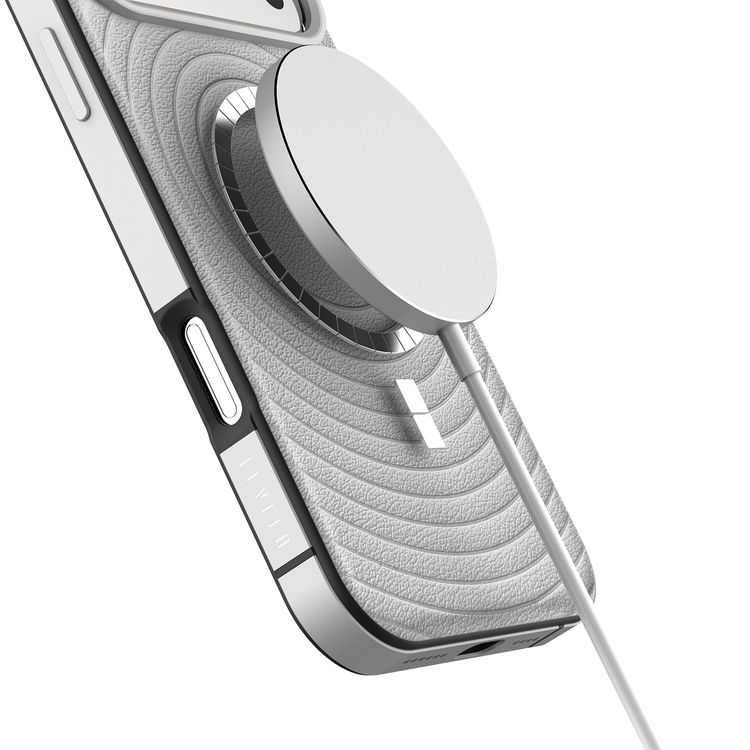 Levelo Spirale PU Leather Hybrid Case for iPhone 17 Pro, MagSafe Compatible & Strong Magnets, Impact-Resistant, Shock-Resistant Bumper, Aluminum Alloy Frame for Camera & Edges, Drop-Tested - Silverstone