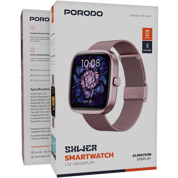 Porodo Skwer Smart Watch with 1.72" HD Screen Size, 230mAh Battery Capacity, 5 Days Working Time, 30 Days Standby Time, 2 Hours Charging Time, Smart Connectivity, Sleep Analysis, Camera Shutter, Smart Notifications, iOS 10 Above & Android 10.0 Above Compatibility - Pink