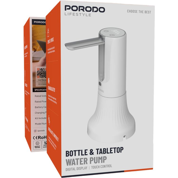 Porodo Lifestyle Desktop Water Dispenser with 1200mAh Battery Capacity, 4W Rated Power, Rechargeable Battery, Digital Display, Compact & Portable - White