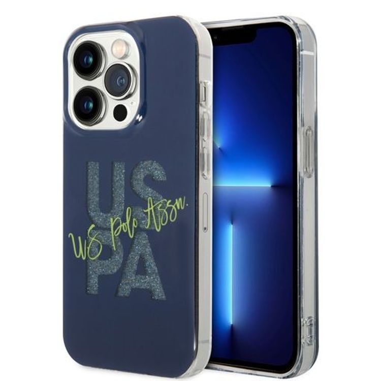 حافظة بطاقات لامعة من US Polo لهاتف iPhone 14 Pro Max - البحريه الزرقاء