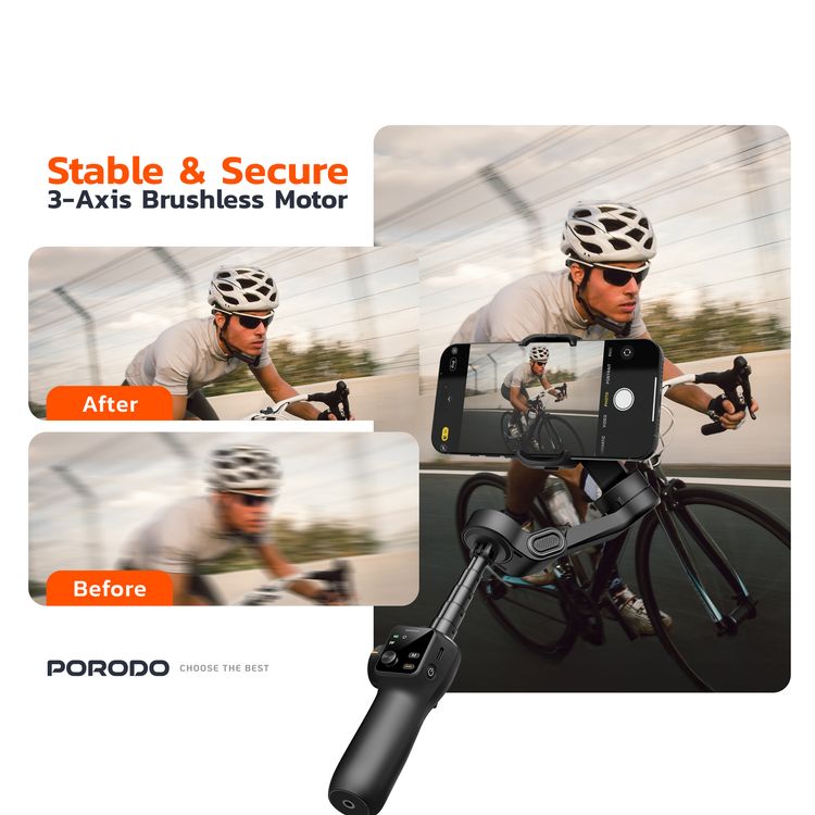 Porodo Velocam 3-Axis Gimbal Stabilizer with 6 Shooting Modes, Up to 10 Hours Working Time, USB-C Charging Port, 20cm Extension Rod, 2×800mAh Batteries, Foldable Design, Smart Face Tracking, Focus Control Wheel - Black