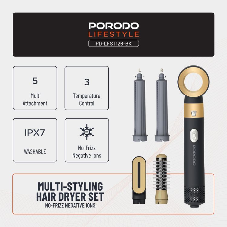 مجفف شعر متعدد التصفيف من بورودو لايف ستايل مع 5 أمشاط تجفيف، 3 أوضاع لتدفق الهواء، قوة 600 واط، أيونات سالبة لمنع التجعد، 3 إعدادات للتحكم في درجة الحرارة - أسود