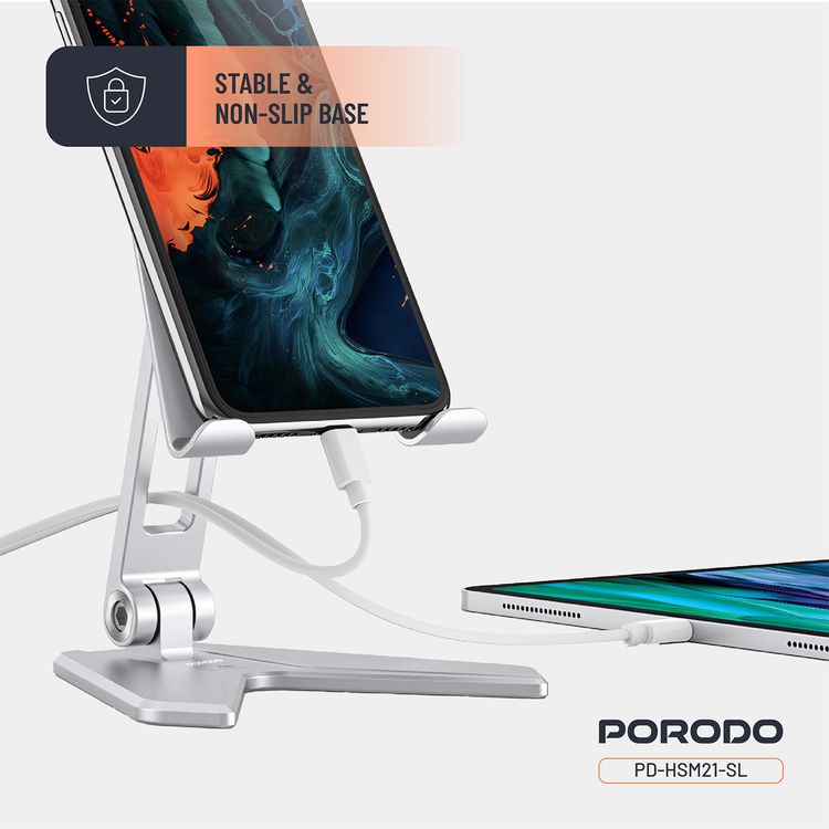 Porodo Aluminum Alloy Mobile Stand with Flexible Viewing Angle, 4" to 8" Phone Compatibility, Horizontal & Vertical Modes, Stable & Non-Slip Base, Foldable Design - Silver