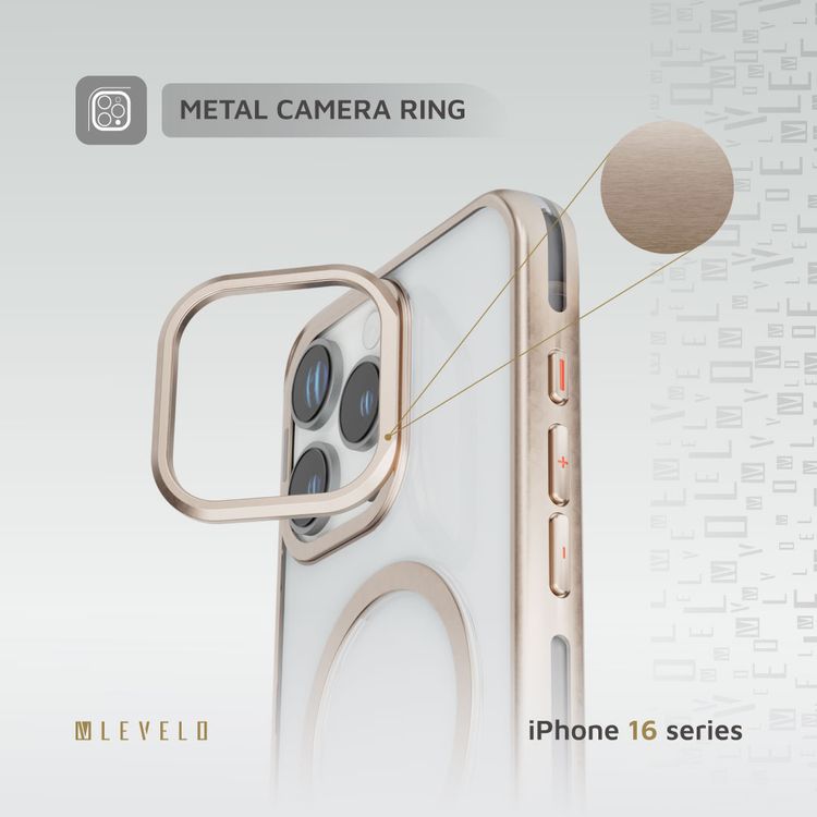 Levelo Elio PC Case with Camera Ring Stand for iPhone 16 Pro Max, Built-in Kickstand, MagSafe Compatible - Rose Gold Titanium