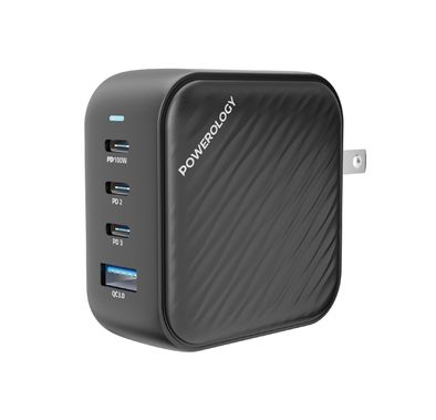 Powerology 100W Triple PD GaN Charger with EU & UK Plug, 3 USB-C Ports & USB-A Port, Built-in Safeguard, Multi Device Charging, Fast Charge, Laptop Charger - Black