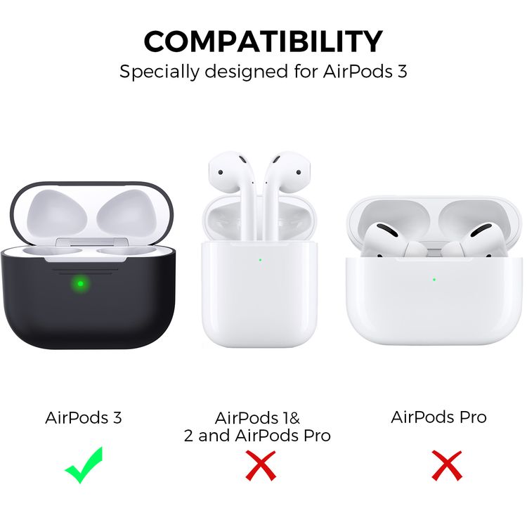 AhaStyle PT176-BK Full Cover Silicone Case for Airpods 3 Drop Shock Protection, Front LED Visible Cover with Carabiner Suitable with Wireless Chargers - Black