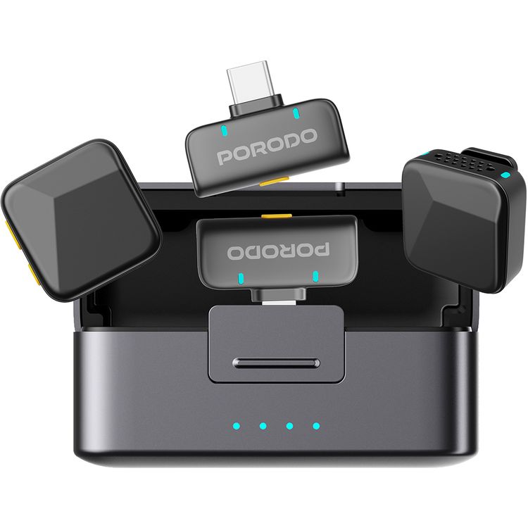 Porodo Orion Lavalier Dual Microphones with Type-C & Lightning Connector, Precise Reverb, 1 Hour Charging Time, 5 Hours Working Time, 650mAh Case Battery Capacity, 55mAh Microphone Battery Capacity, 15-20m Transmission Distance, Auto Pairing Technology, Instant Wireless Setup - Black