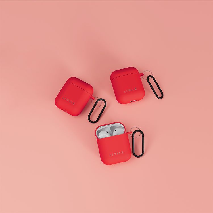 Levelo Gorra Hybrid Silicone AirPods 1 & 2 Case with Metal Carabiner, Shockproof, Slim & Thin Design, Lightweight & Slim, Easy Snap-On - Red