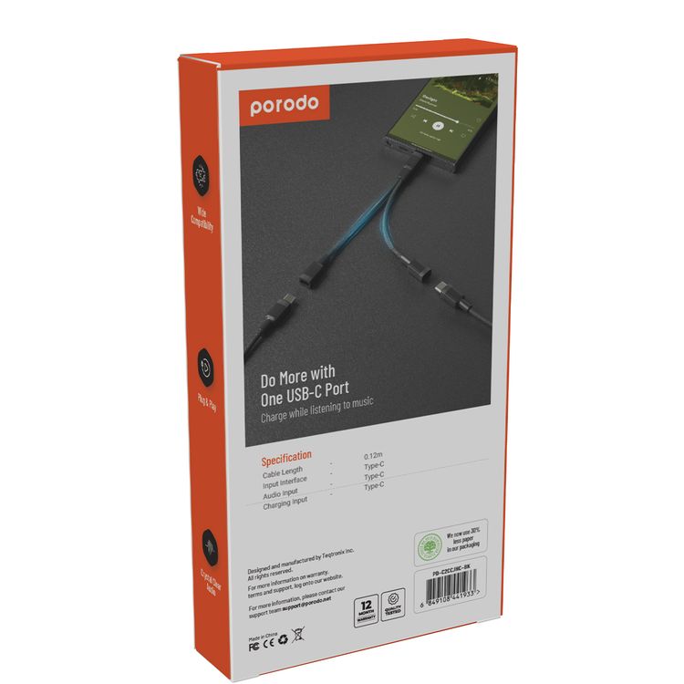 Porodo 2in1 Type-C To 2*Type-C Jack Headphone And Charging  Converter Adapter, Optimal Charge, Plug & Play - Black