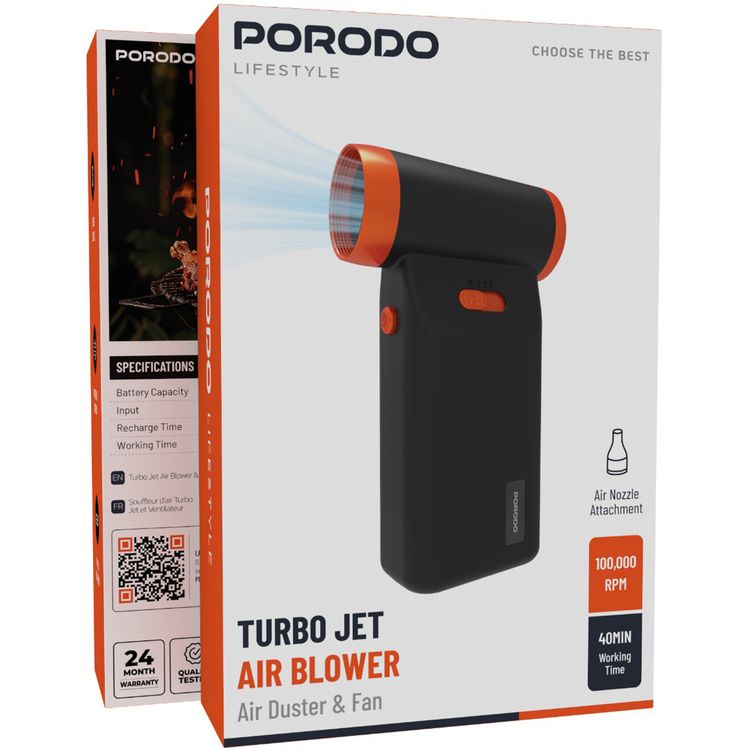 مروحة بورودو توربو جيت النافخة مع دوران يصل إلى 100 ألف دورة في الدقيقة، مزودة بمنفذ شحن من نوع سي، وثلاث سرعات مختلفة، وتعمل بكفاءة عالية في إزالة الغبار. تحتوي على شفرات معدنية وملحق بفوهة هواء، وتقدم رياح قوية تصل سرعتها إلى 16 متر/ثانية، وتعمل لمدة تصل إلى 40 دقيقة متواصلة - باللون الأسود.