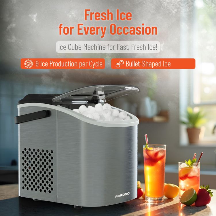 صانع الثلج الفوري بورودو لايفستايل بغطاء شفاف، إنتاج سريع للثلج، تصميم موفر للمساحة، لوحة تحكم سهلة الاستخدام، 12 كجم من الثلج في 24 ساعة، يتضمن ملعقة ثلج، سعة 0.6 كجم من الثلج - لون فضي