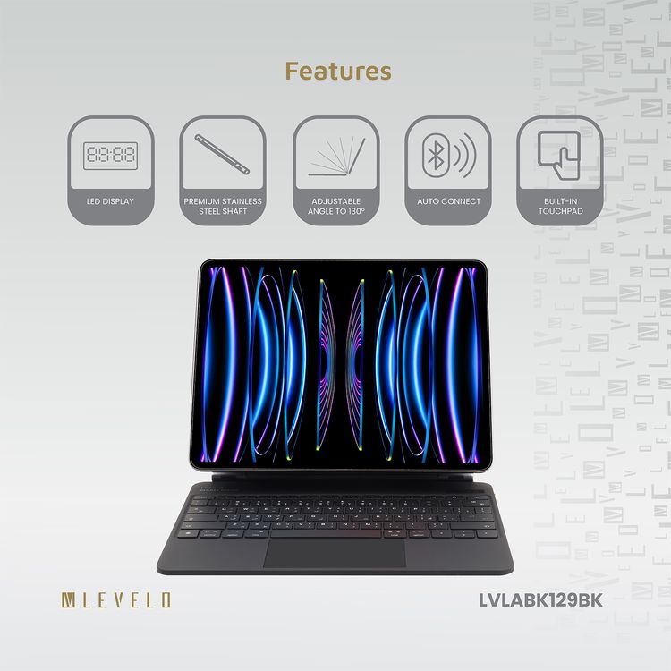 Levelo AeroBoard Saffanio Leather Wireless Keyboard for iPad Pro 12.9" & iPad Air 13" M3 (2025) with Multi-Gesture Trackpad, 300 Hours Standby Time, Up to 130° Adjustable Angle - Black