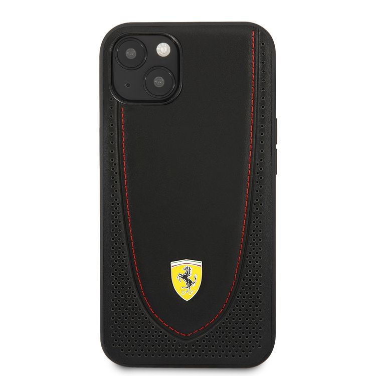 CG MOBILE Ferrari Genuine Leather Hard Case with Curved Line Stitched & Perforated Leather Compatible for iPhone 13 (6.1") Shock & Scratches Resistant