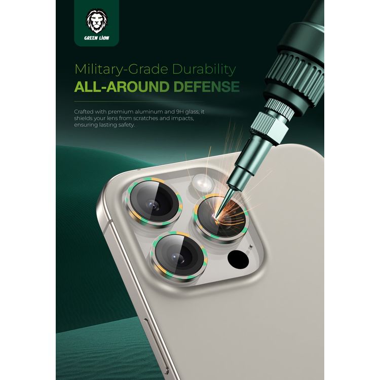 Green Lion Camo Camera Lens for  iPhone 16 Pro / 16 Pro Max, Military-Grade durability, HD Clarity, Advanced AF Coating - Natural Titanium