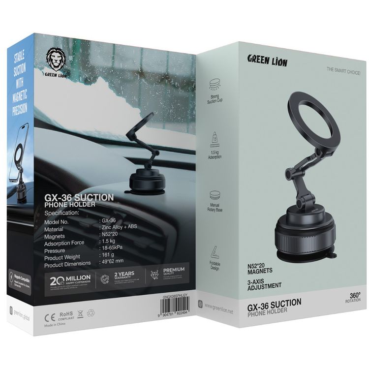 Green Lion GX-36 Suction Phone Holder with Strong Suction Cup, Manual Rotary Base, Foldable Design, 3-AXIS Adjustment, 360° Rotation,  20 × N52 Magnets, 1.5kg Adsorption Force - Gray