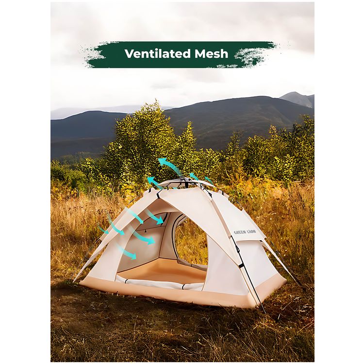 Green Lion GT-4 Ultimate Camping Tent with UV Protection, Easy To Assemble, Wind Resistance, 2 Doors, Waterproof, Ventilated Mesh - Beige