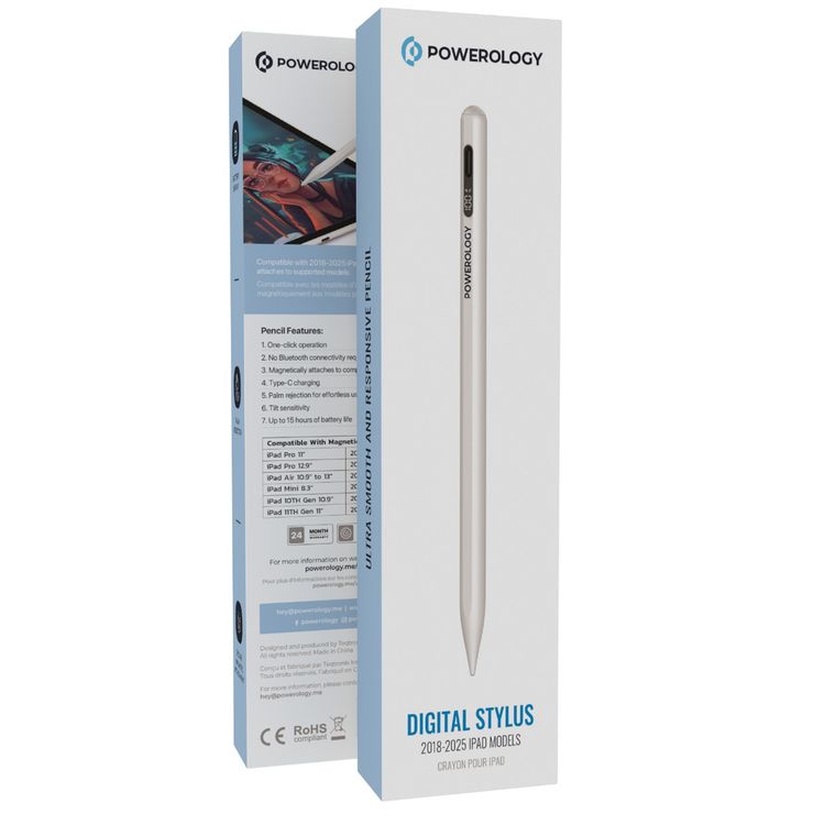 Powerology Digital Stylus 2018-2024 iPad Models, Compact Design, Lightweight, Digital Display, Tilt Sensitivity, One-Click Operation, 18 Minutes Charging Time, 15 Hours Working Time - White