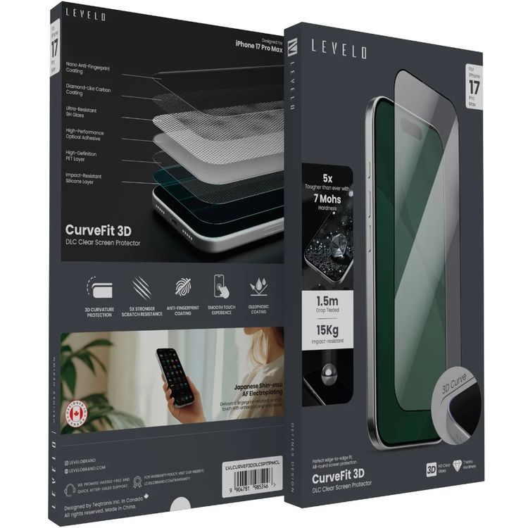 Levelo Curve Fit 3D DLC Clear Screen Protector for iPhone 17 Pro Max, High-Performance Optical Adhesive, Impact-Resistant Silicone Layer, Edge-to-Edge Fit, Smooth Touch Experience, Anti-Fingerprint, Oleophobic Coating - Clear