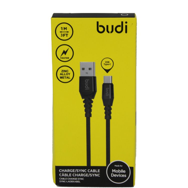 Budi Sync USB Type-C Cable Zinc Alloy Metal - Black
