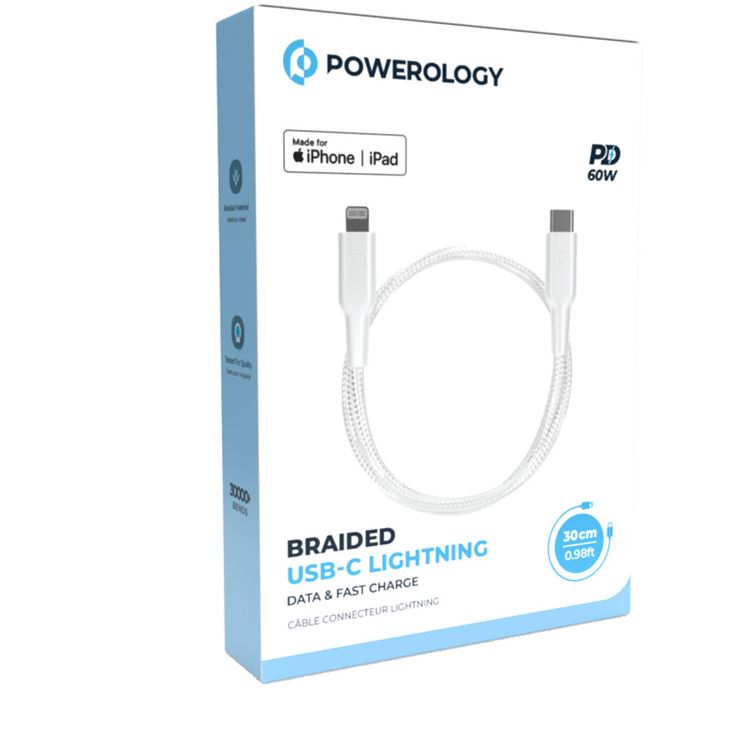 Powerology Braided USB-C to Lightning with 60W Power Delivery, 30cm Cable Length, Universal Compatibility, Fast Charge & Data Transfer - White
