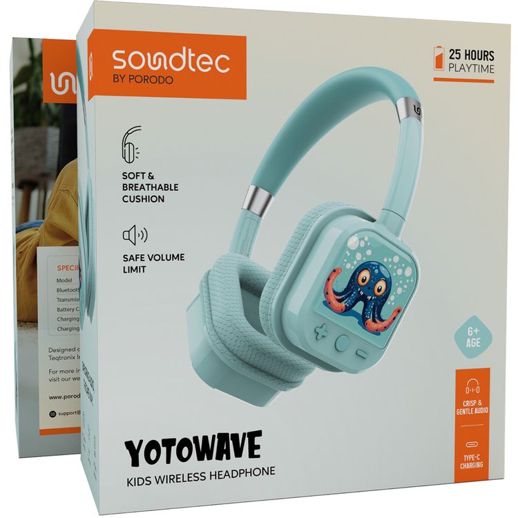 Porodo Soundtec Yotowave Kids Wireless Headphones with Comfortable & Breathable Cushion, 200mAh Battery, Up to 25 Hours Play Time, 40mm Speaker Size, Bluetooth Version 5.4, Recommended for Kids Aged 6+, Skin-Friendly Material, Safe Volume Limit - Bright