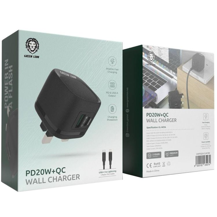 Green Lion PD 20W UK Wall Charger with USB-C to USB-C Cable, Charging Protection, 60W Cable Current, 5V/3A (15W) USB-A & USB-C Output Shared Output, Fast Charging - Black